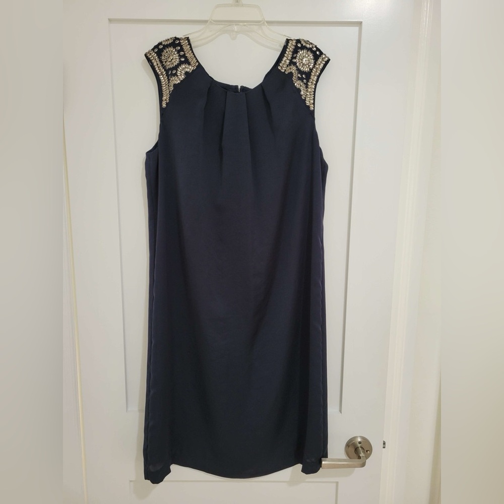 Tory Burch navy blue dress w/ silver embellishments + beading